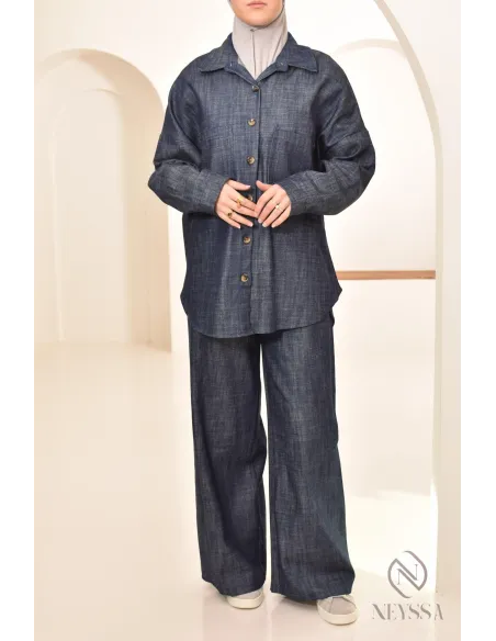 zweiteiliges Damen-Set aus Stoff mit Jeans-Effekt, Hemd mit Hose