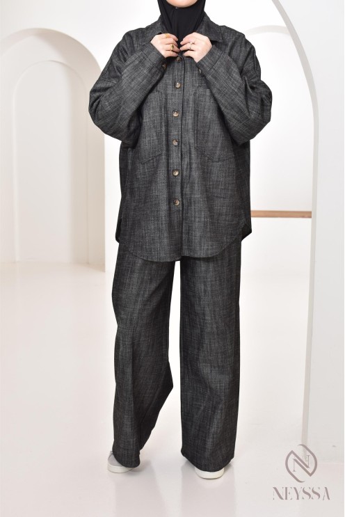 ensemble femme 2 pièces tissu effet jean, chemise avec pantalon