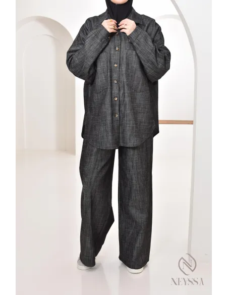 ensemble femme 2 pièces tissu effet jean, chemise avec pantalon