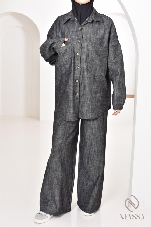 zweiteiliges Damen-Set aus Stoff mit Jeans-Effekt, Hemd mit Hose