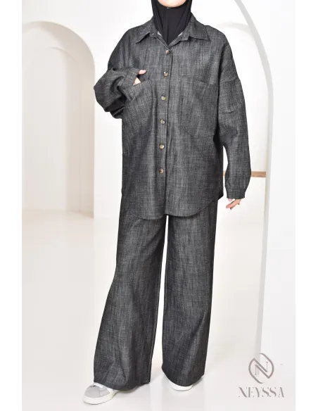 zweiteiliges Damen-Set aus Stoff mit Jeans-Effekt, Hemd mit Hose