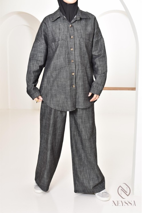 ensemble femme 2 pièces tissu effet jean, chemise avec pantalon