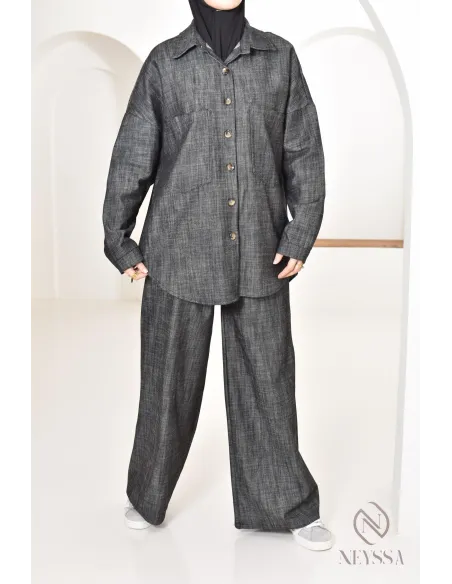 zweiteiliges Damen-Set aus Stoff mit Jeans-Effekt, Hemd mit Hose