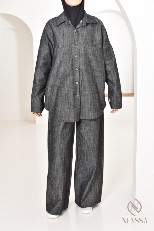 ensemble femme 2 pièces tissu effet jean, chemise avec pantalon