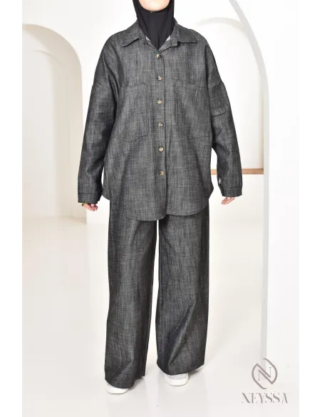 ensemble femme 2 pièces tissu effet jean, chemise avec pantalon