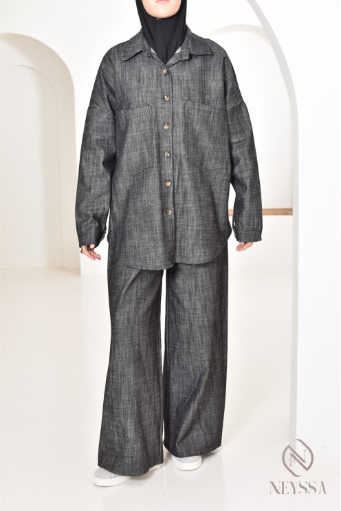 zweiteiliges Damen-Set aus Stoff mit Jeans-Effekt, Hemd mit Hose