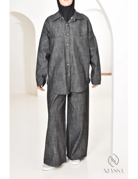 ensemble femme 2 pièces tissu effet jean, chemise avec pantalon