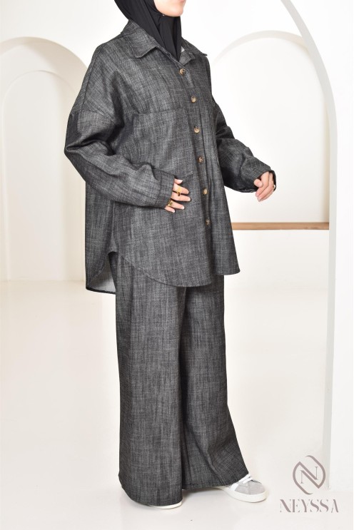 zweiteiliges Damen-Set aus Stoff mit Jeans-Effekt, Hemd mit Hose