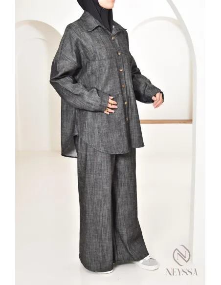 zweiteiliges Damen-Set aus Stoff mit Jeans-Effekt, Hemd mit Hose