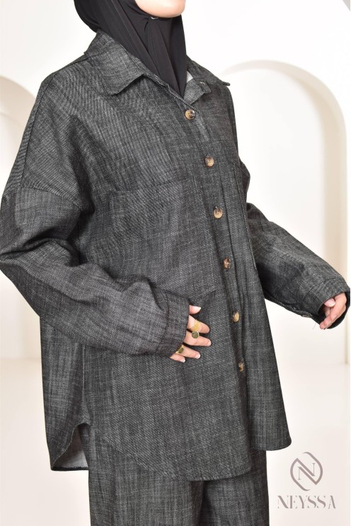 zweiteiliges Damen-Set aus Stoff mit Jeans-Effekt, Hemd mit Hose