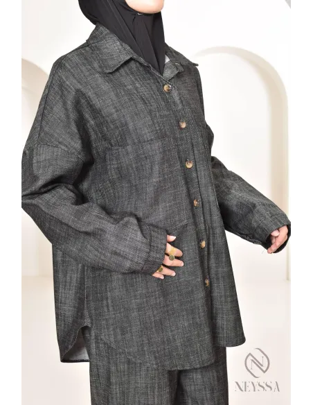 zweiteiliges Damen-Set aus Stoff mit Jeans-Effekt, Hemd mit Hose