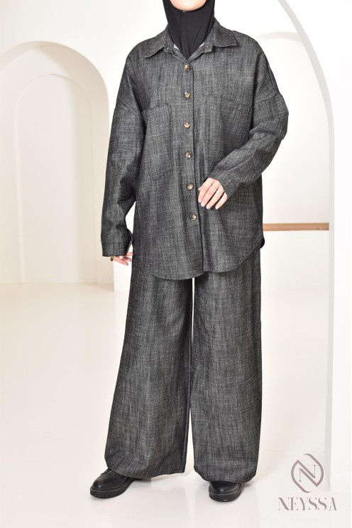 zweiteiliges Damen-Set aus Stoff mit Jeans-Effekt, Hemd mit Hose