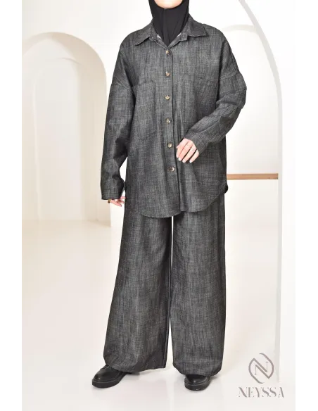 ensemble femme 2 pièces tissu effet jean, chemise avec pantalon