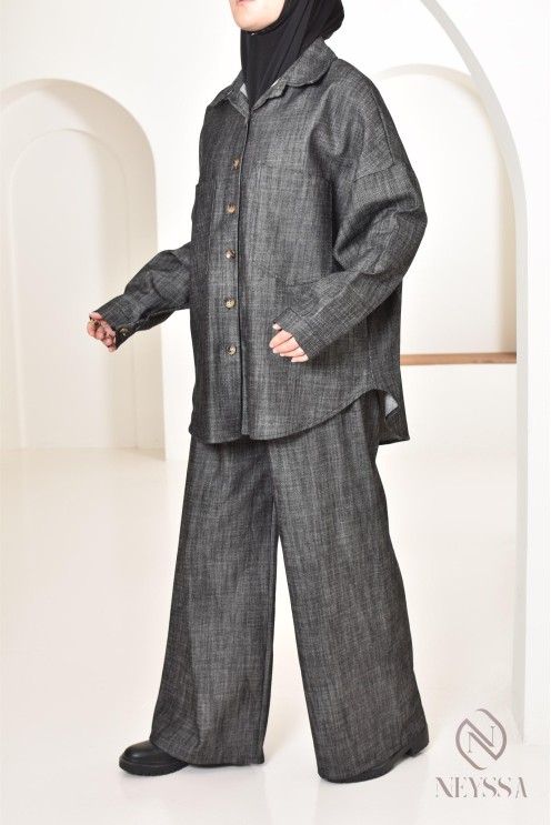 zweiteiliges Damen-Set aus Stoff mit Jeans-Effekt, Hemd mit Hose