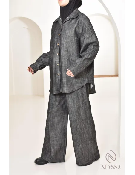 zweiteiliges Damen-Set aus Stoff mit Jeans-Effekt, Hemd mit Hose