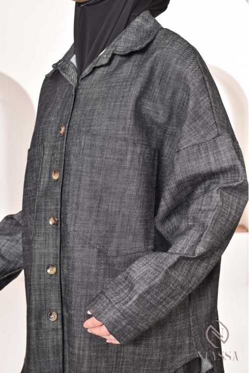 zweiteiliges Damen-Set aus Stoff mit Jeans-Effekt, Hemd mit Hose