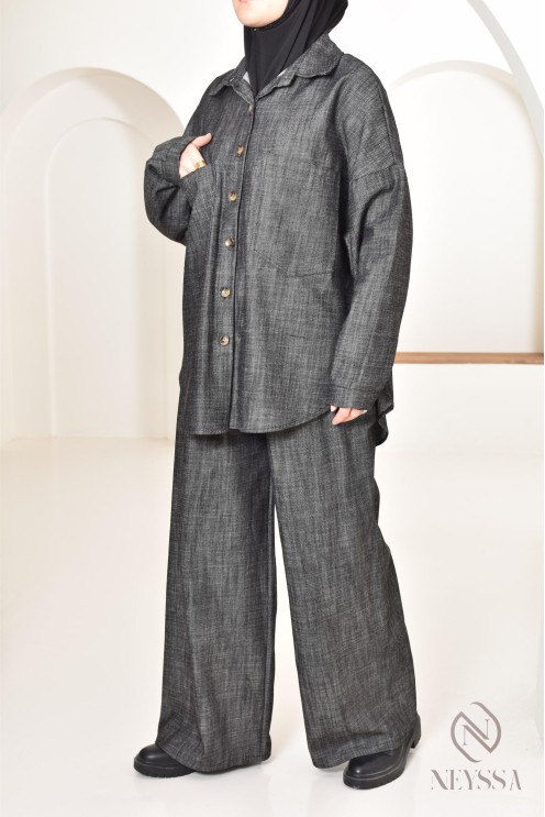 zweiteiliges Damen-Set aus Stoff mit Jeans-Effekt, Hemd mit Hose