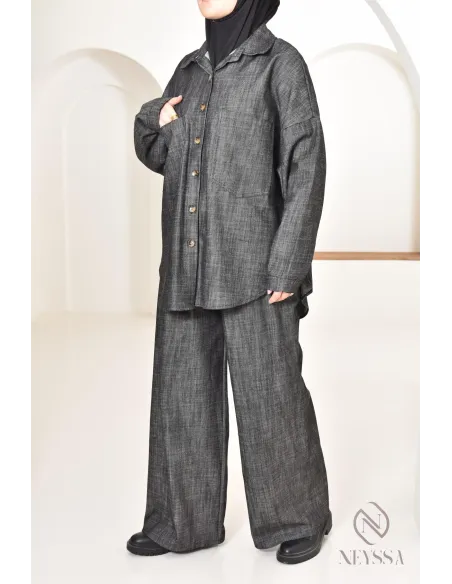 zweiteiliges Damen-Set aus Stoff mit Jeans-Effekt, Hemd mit Hose