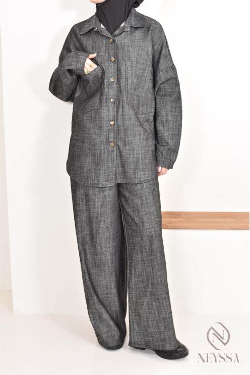 zweiteiliges Damen-Set aus Stoff mit Jeans-Effekt, Hemd mit Hose