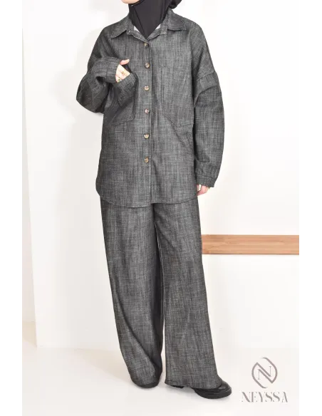 zweiteiliges Damen-Set aus Stoff mit Jeans-Effekt, Hemd mit Hose