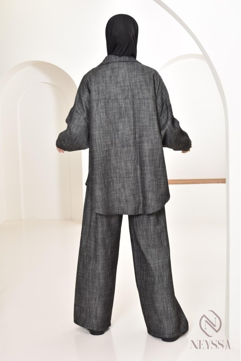 ensemble femme 2 pièces tissu effet jean, chemise avec pantalon