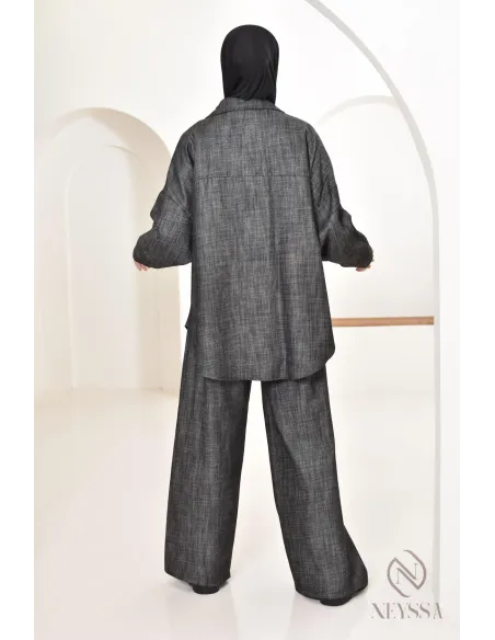 zweiteiliges Damen-Set aus Stoff mit Jeans-Effekt, Hemd mit Hose