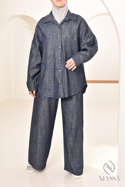 zweiteiliges Damen-Set aus Stoff mit Jeans-Effekt, Hemd mit Hose