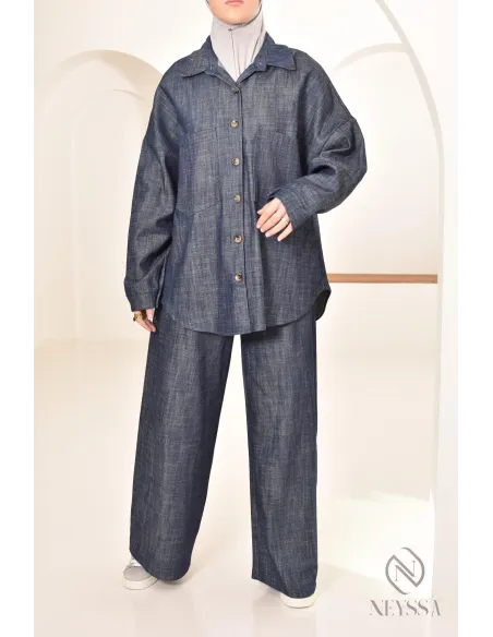 ensemble femme 2 pièces tissu effet jean, chemise avec pantalon