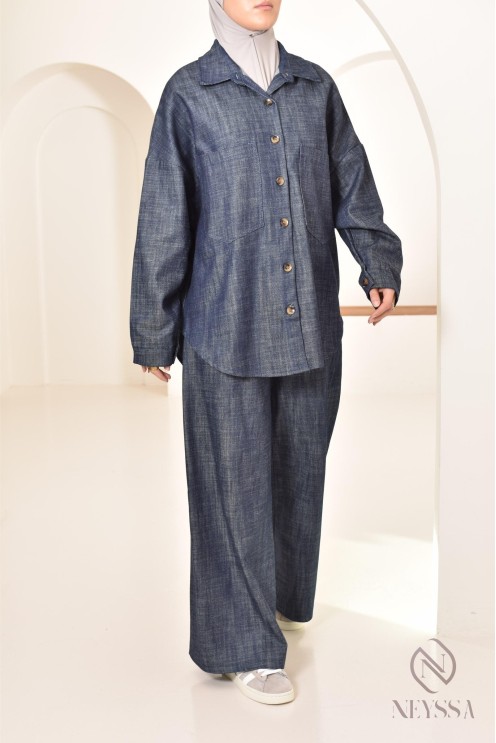 ensemble femme 2 pièces tissu effet jean, chemise avec pantalon