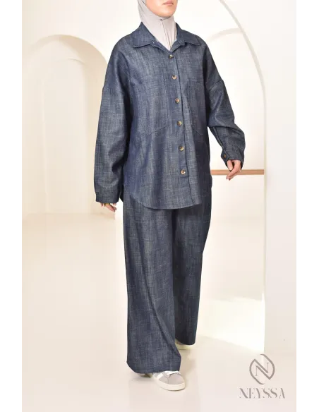 ensemble femme 2 pièces tissu effet jean, chemise avec pantalon