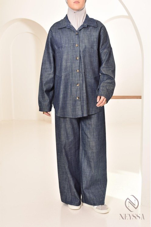 zweiteiliges Damen-Set aus Stoff mit Jeans-Effekt, Hemd mit Hose