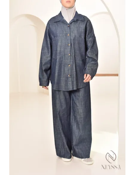 ensemble femme 2 pièces tissu effet jean, chemise avec pantalon