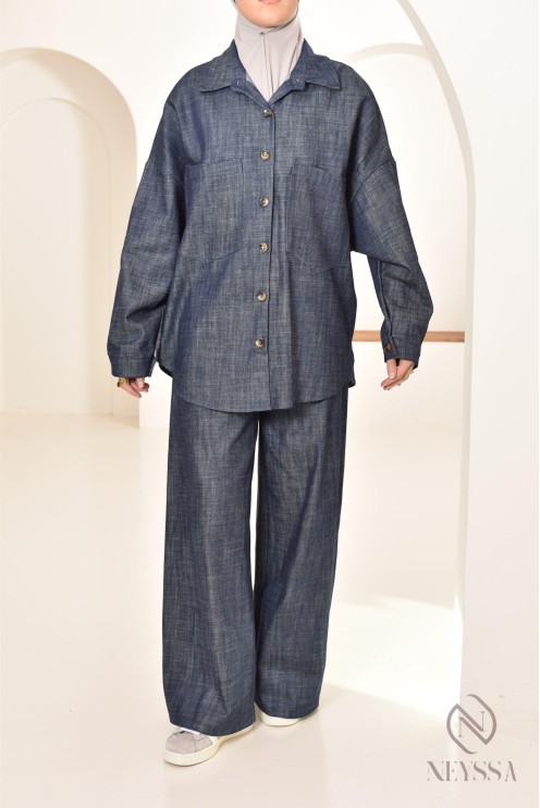 ensemble femme 2 pièces tissu effet jean, chemise avec pantalon