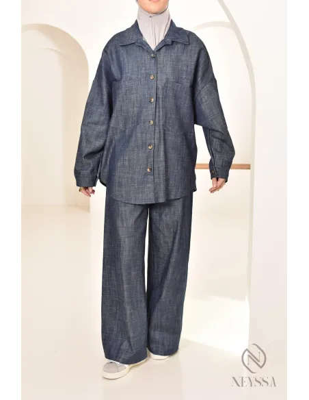 zweiteiliges Damen-Set aus Stoff mit Jeans-Effekt, Hemd mit Hose