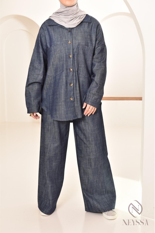 zweiteiliges Damen-Set aus Stoff mit Jeans-Effekt, Hemd mit Hose