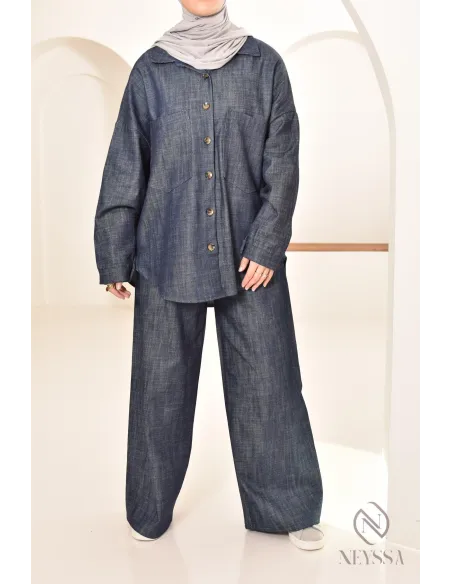 ensemble femme 2 pièces tissu effet jean, chemise avec pantalon