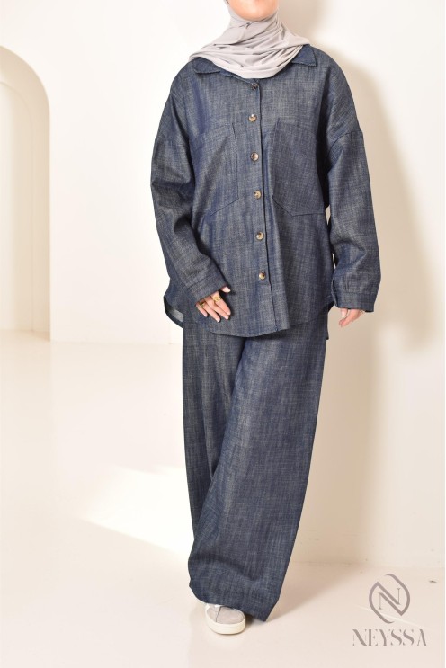 zweiteiliges Damen-Set aus Stoff mit Jeans-Effekt, Hemd mit Hose