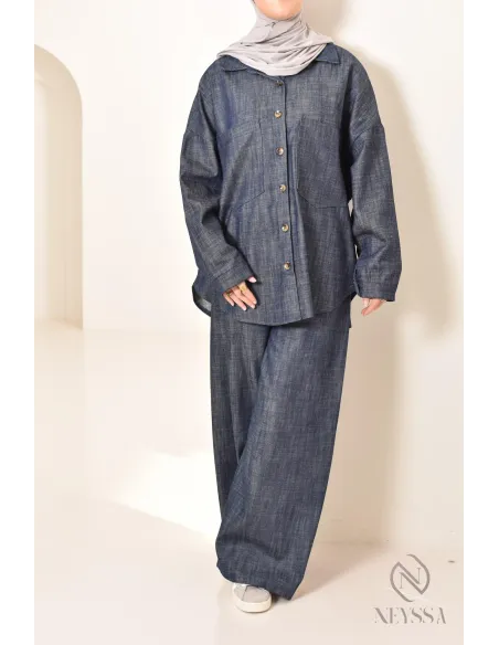 zweiteiliges Damen-Set aus Stoff mit Jeans-Effekt, Hemd mit Hose