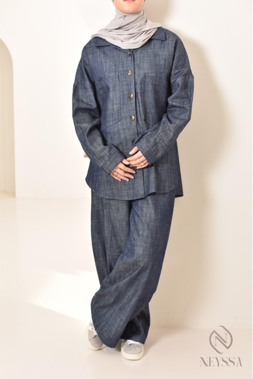 zweiteiliges Damen-Set aus Stoff mit Jeans-Effekt, Hemd mit Hose