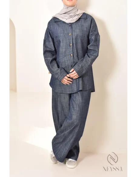 ensemble femme 2 pièces tissu effet jean, chemise avec pantalon