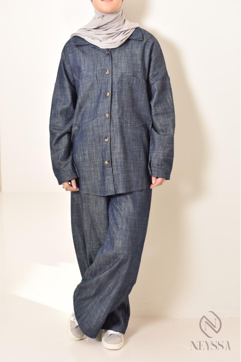 ensemble femme 2 pièces tissu effet jean, chemise avec pantalon