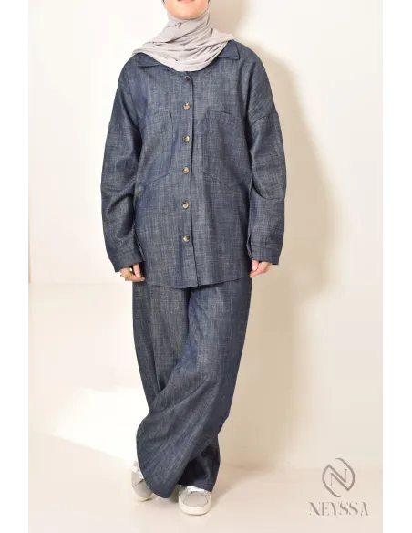 zweiteiliges Damen-Set aus Stoff mit Jeans-Effekt, Hemd mit Hose