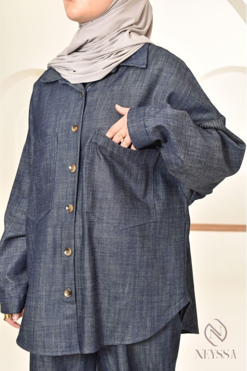 ensemble femme 2 pièces tissu effet jean, chemise avec pantalon