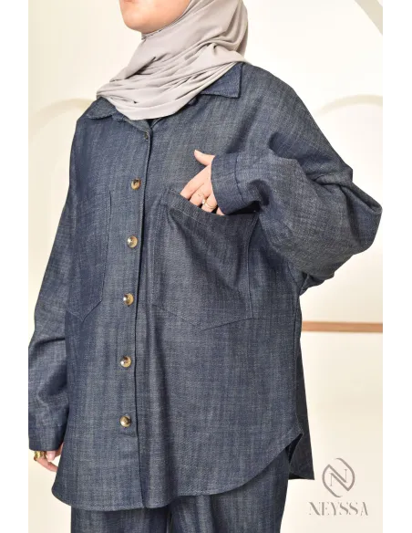 zweiteiliges Damen-Set aus Stoff mit Jeans-Effekt, Hemd mit Hose