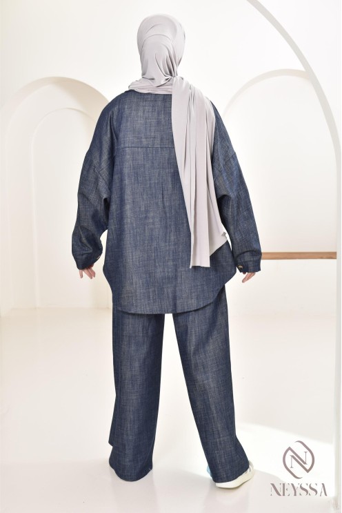 ensemble femme 2 pièces tissu effet jean, chemise avec pantalon