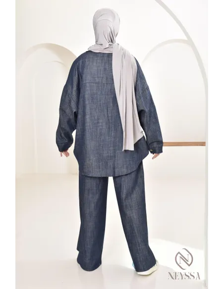 zweiteiliges Damen-Set aus Stoff mit Jeans-Effekt, Hemd mit Hose