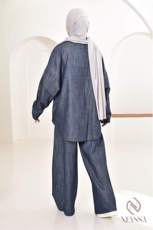 zweiteiliges Damen-Set aus Stoff mit Jeans-Effekt, Hemd mit Hose