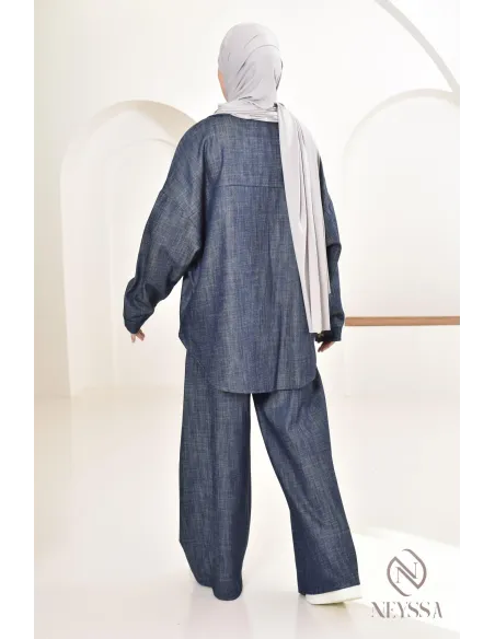 ensemble femme 2 pièces tissu effet jean, chemise avec pantalon