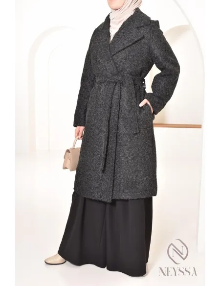 women's straight-cut coat in curly wool-type fabric, winter 2024