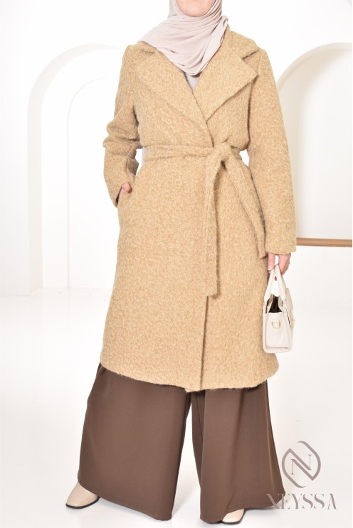 women's straight-cut coat in curly wool-type fabric, winter 2024